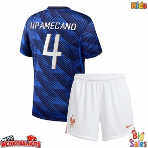 France Dayot Upamecano #4 Replica Home Stadium Kit for Kids World Cup 2026 Short Sleeve (+ pants)